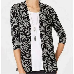 J.Jill Wearever Botanical Print Open Front Stretch 1/2 Sleeve Cardigan Black XL